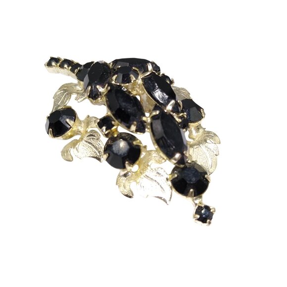 Juliana Style Jet Black Crystal Brooch, Grapes Cluster with Silver Tone Leaves - Picture 2 of 4